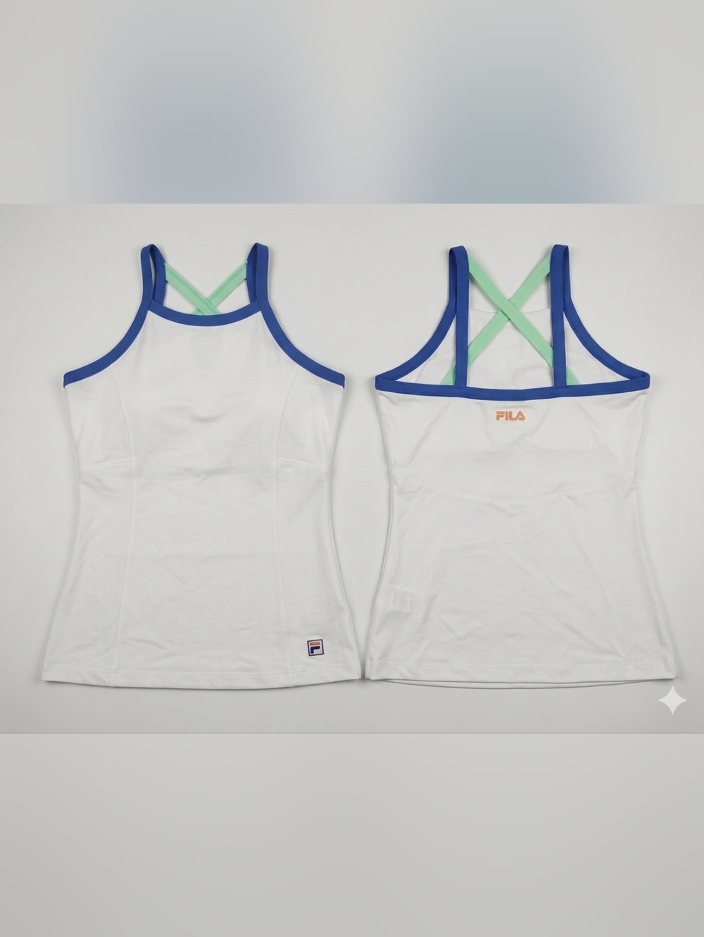 FILA White Tennis Tank with Blue Trim and Mint Straps